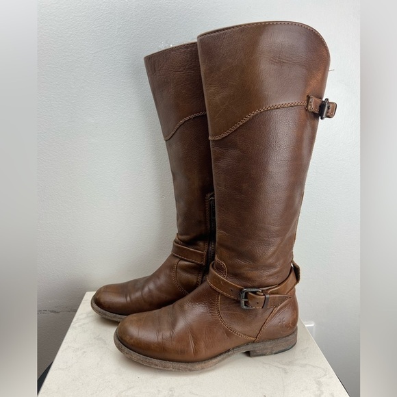 FRYE Phillip Pebbled Leather Knee High Roding Boots Brown Buckle - Picture 1 of 16